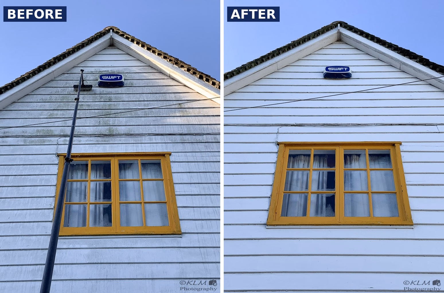 Weatherboard cladding soft-wash before and after on a rural Kent property